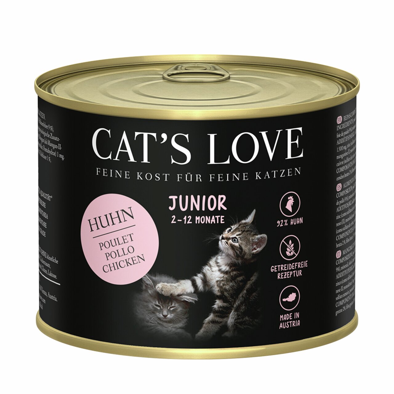 Cat's Love Katzenfutter Junior Huhn, 92 % Huhn, getreidefrei, für junge Katzen (2-12 Monate), Made in Austria.