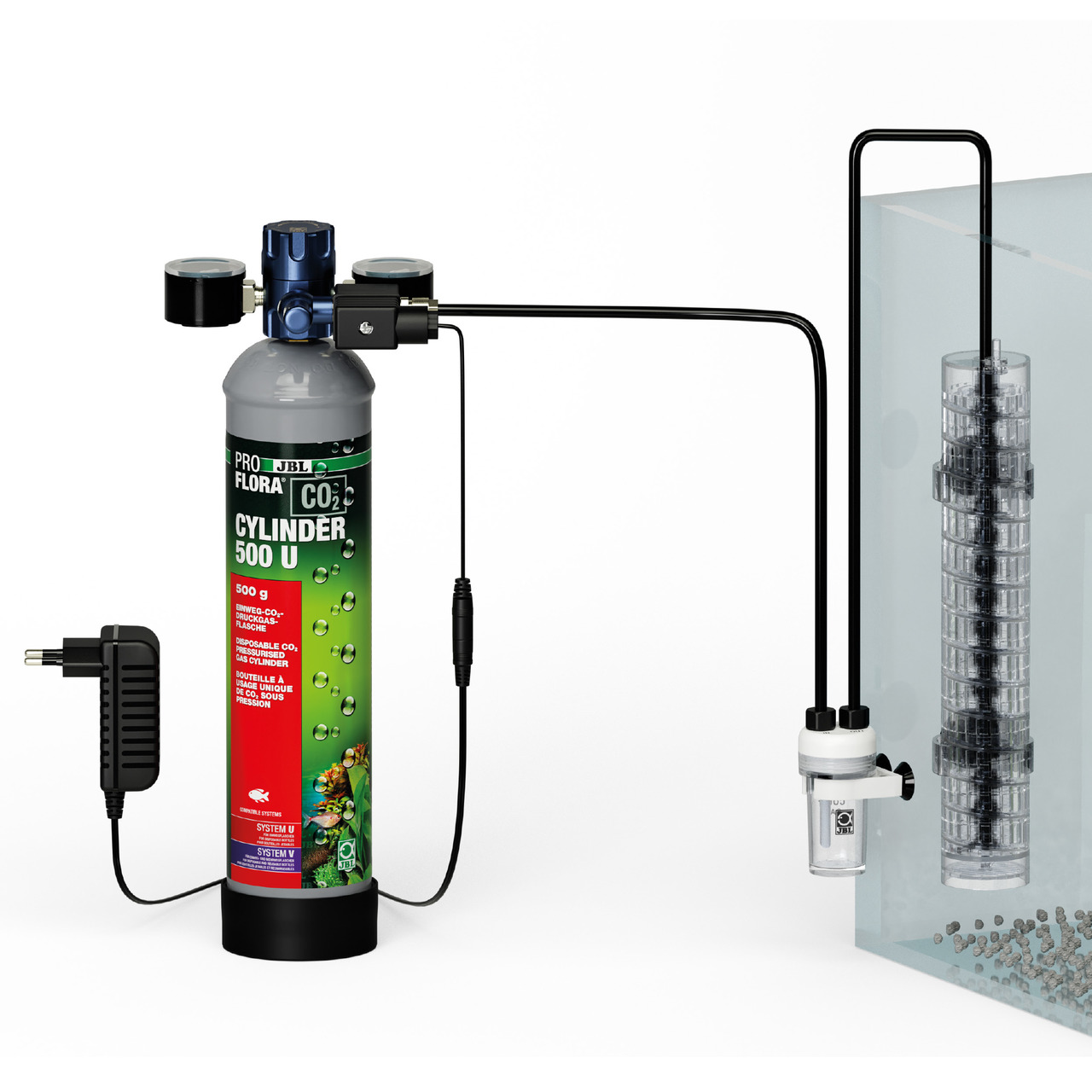 Das Bild zeigt das JBL ProFlora CO2 Cylinder 500 U Set, ein CO2-Düngesystem für Aquarienpflanzen. Es richtet sich an Aquarienbesitzer, die gesunde Pflanzen fördern möchten. Das Set enthält eine 500 g CO2-Flasche, einen Druckminderer, Schläuche und einen D