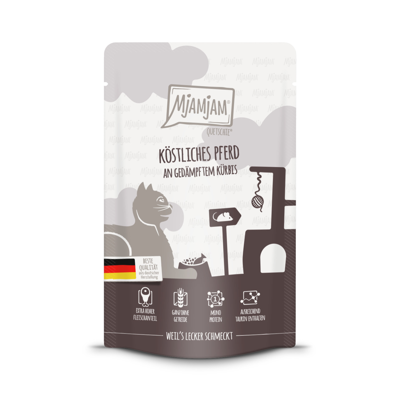 MJAMJAM Nassfutter Katze, Pferd+Kürbis, hoher Fleischanteil, getreidefrei, Monoprotein, Taurin, 100% DE, 125g.