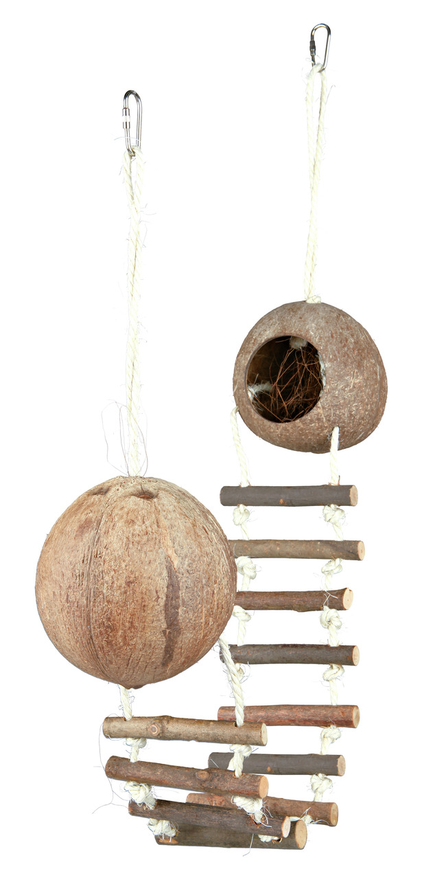 Hängespielzeug für Vögel von TRIXIE aus natürlichen Materialien. Das Produkt besteht aus zwei Kokosnussschalen, Holzstäben und Seilen, die miteinander verbunden sind. Es bietet Vögeln eine abwechslungsreiche Beschäftigung und Rückzugsmöglichkeit. Ideal fü