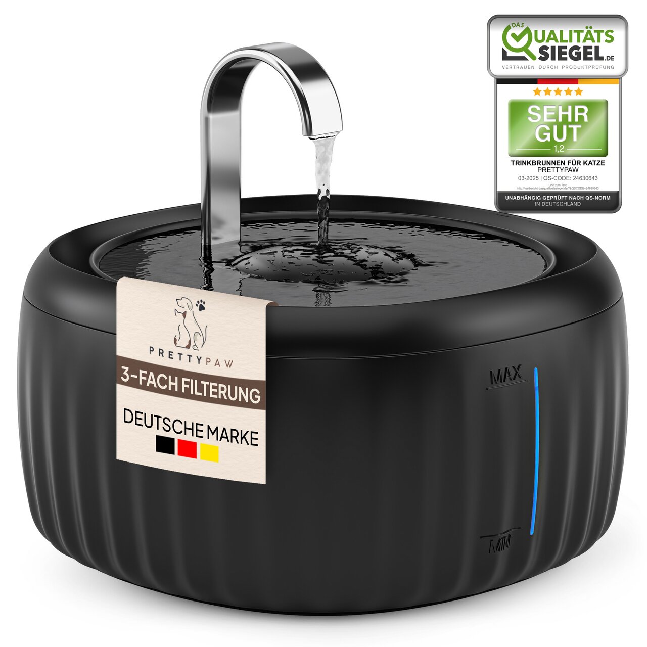 PRETTY PAW Trinkbrunnen, Katzen & kl. Hunde, Schwarz, 3-fach-Filter, Edelstahl-Auslauf, „Deutsche Marke“, 1,2 „Sehr gut“.