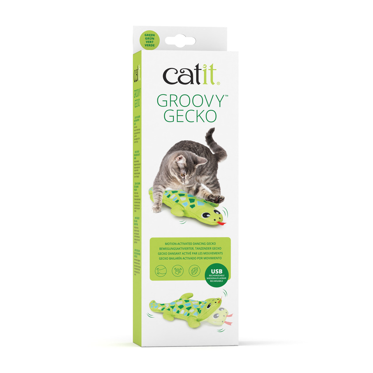 Das Bild zeigt die Verpackung des Produkts „Catit Groovy Gecko“, ein interaktives Katzenspielzeug. Es handelt sich um einen bewegungsaktivierten, tanzenden Gecko in Grün, der speziell für Katzen entwickelt wurde. Das Spielzeug ist wiederaufladbar über USB
