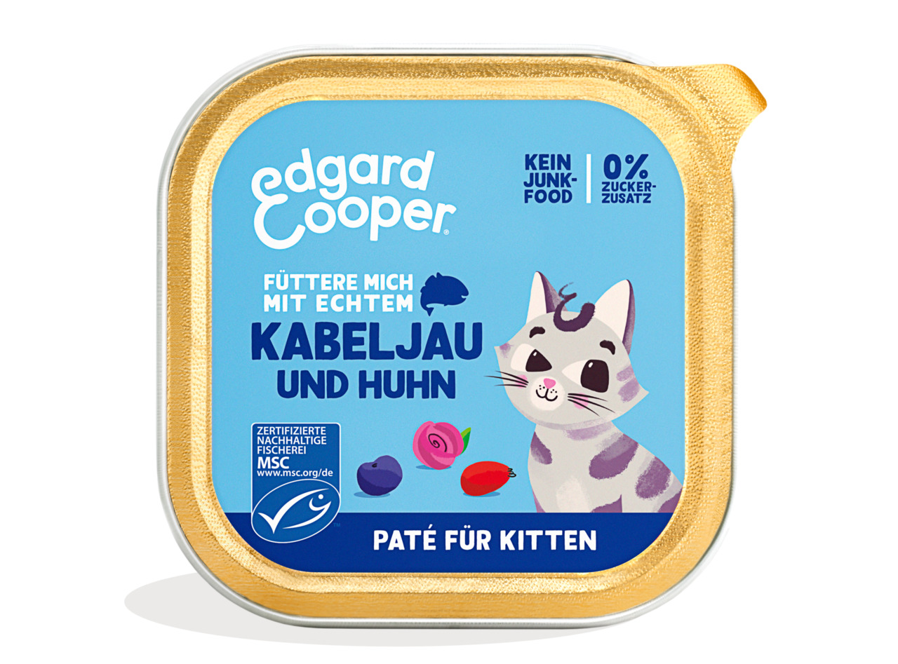 Edgard & Cooper Katzenfutter für Kätzchen, Kabeljau & Huhn, „Füttere mich mit echtem Kabeljau & Huhn“, „Kein Junk-Food“, „0 % Zucker“.