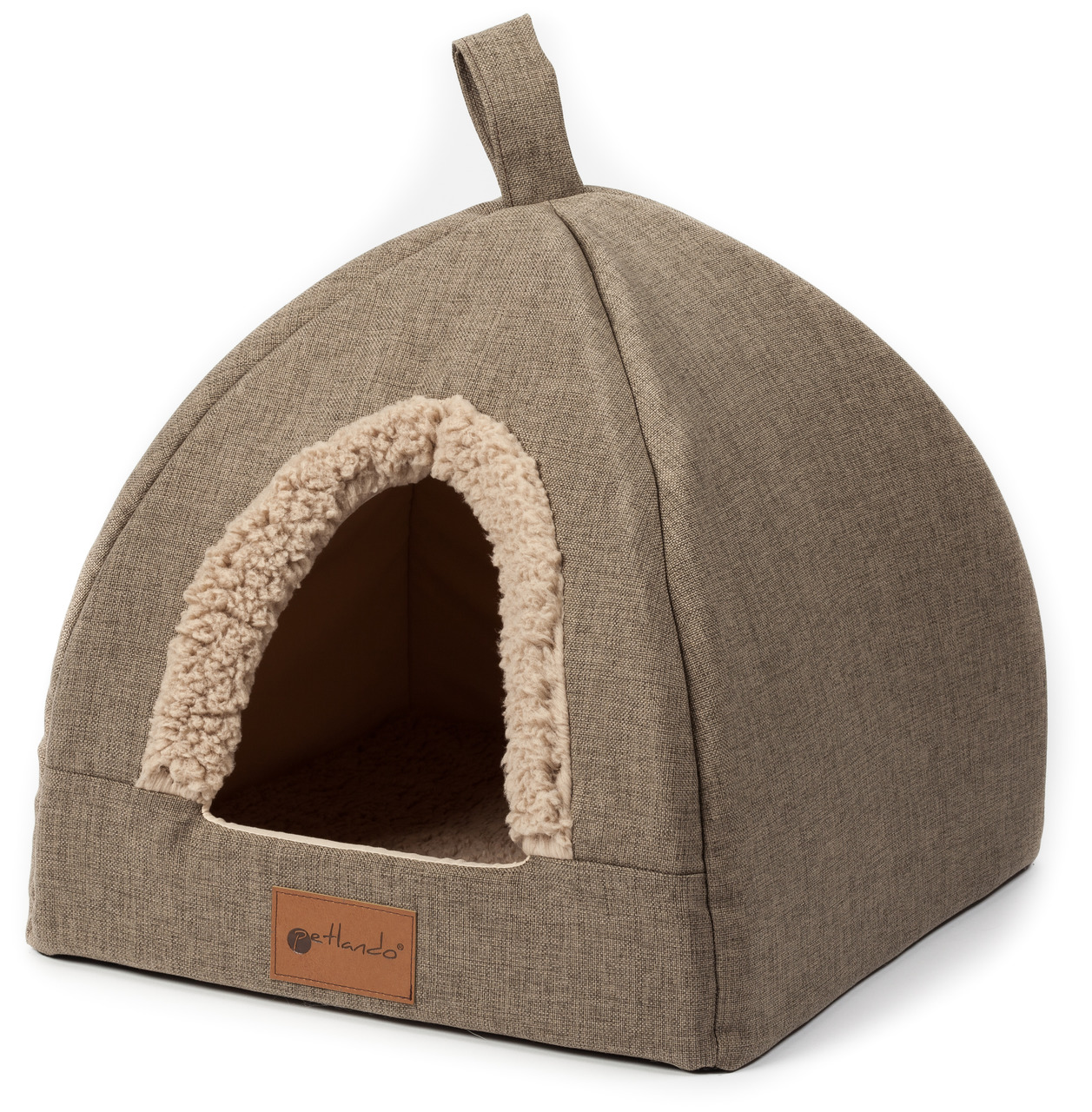 Haustierbett Petlando Cozy Cave, Zeltform, für Katzen & kl. Hunde, beiger Plüschrand, brauner Stoff, gemütl. Rückzugsort.