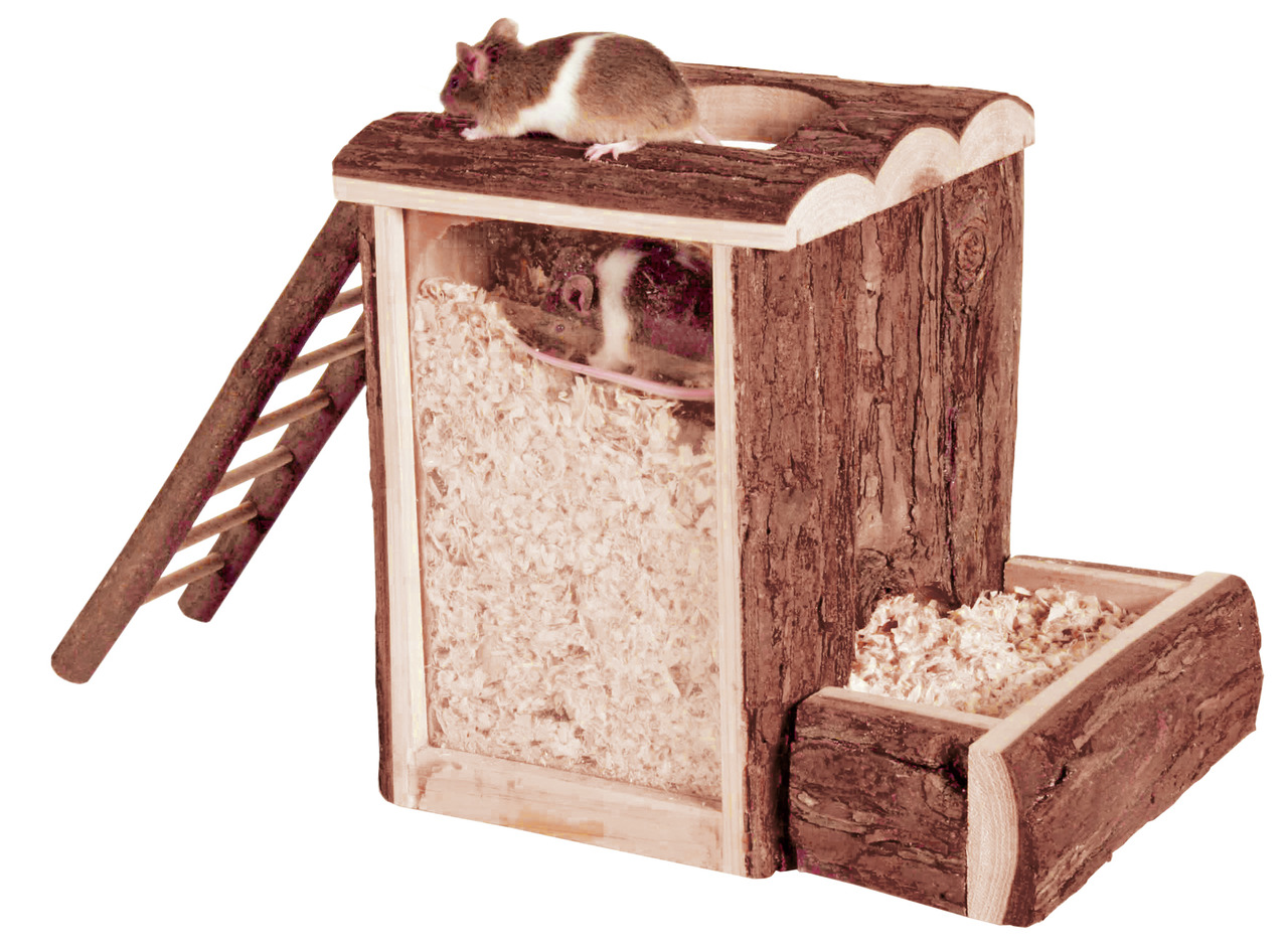 Das Bild zeigt das TRIXIE Natural Living Spiel- und Schlafhaus für Kleintiere, speziell für Mäuse und Hamster. Es besteht aus unbehandeltem Naturholz und bietet eine Leiter, eine Aussichtsplattform, einen Tunnel sowie einen Bereich mit Einstreu. Ideal für