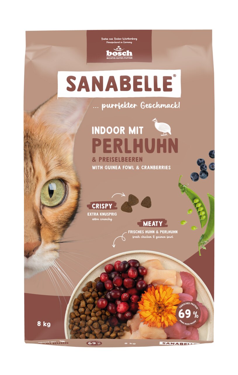 Sanabelle Indoor, Bosch, 8 kg, für Hauskatzen, Perlhuhn & Preiselbeeren, 69 % tierisches Protein, knusprige Kroketten.