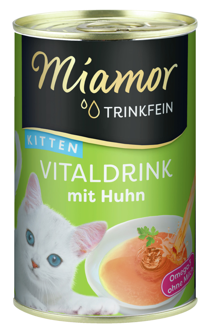 Miamor Trinkfein Vitaldrink Huhn für Kitten, mit Omega-3, ohne Milch, 125 ml, grüne Dose mit weißem Kätzchen.