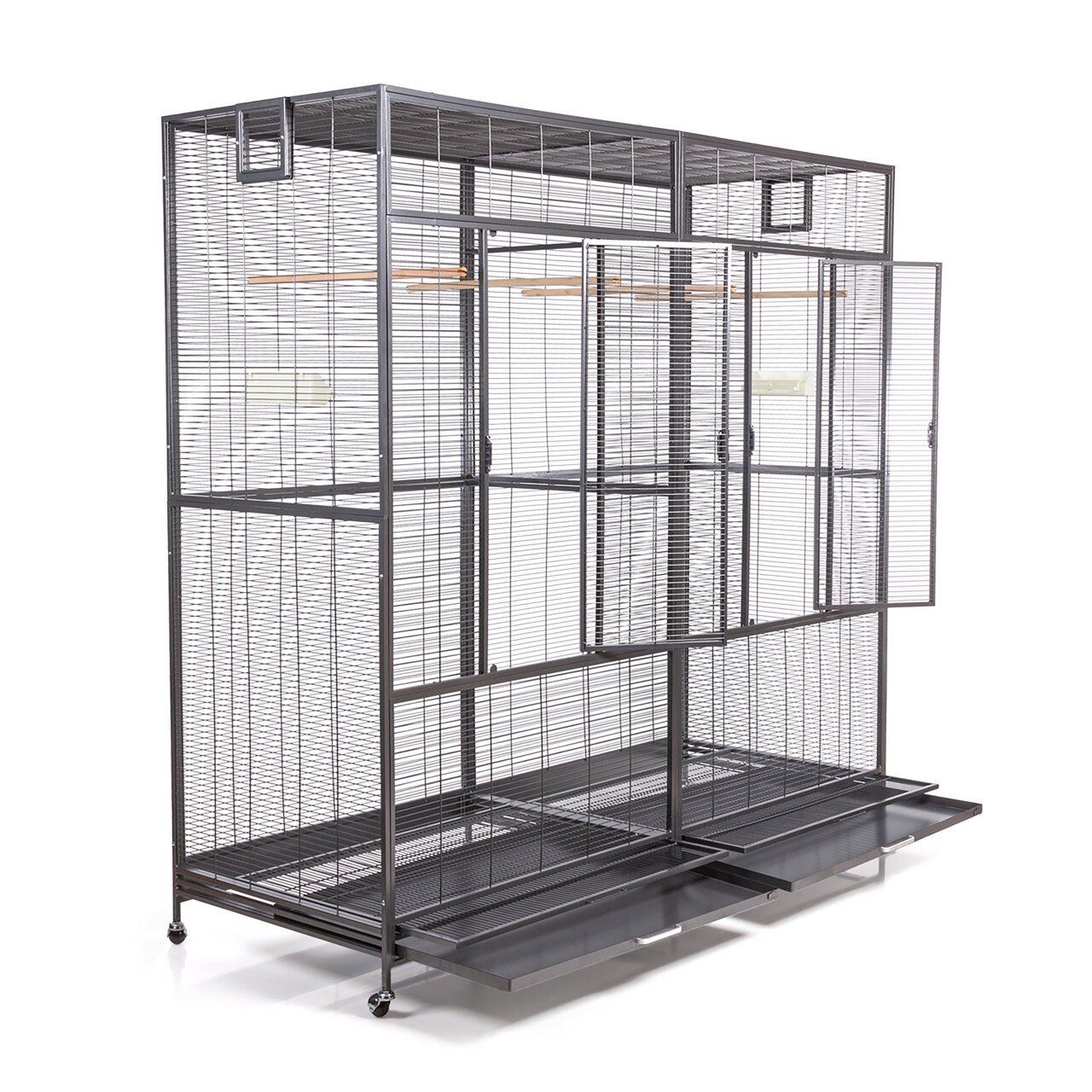 Großer Vogelkäfig Montana Cages, geeignet für Vögel, mit mehreren Türen, Sitzstangen und herausziehbaren Schubladen, anthrazit.