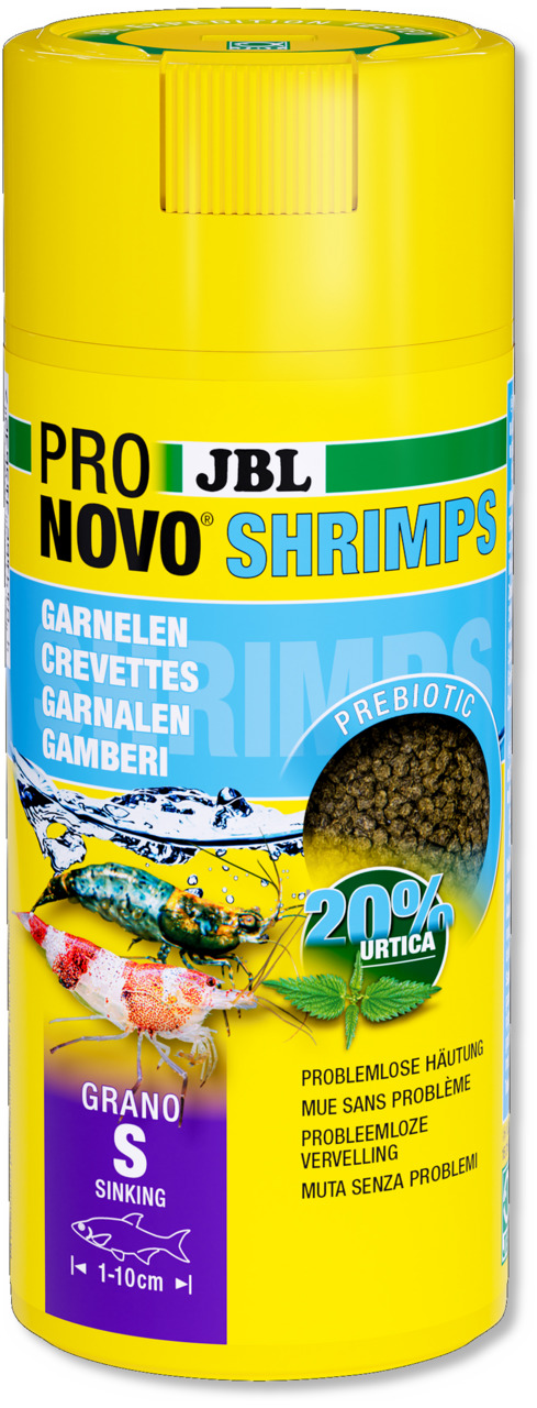 JBL Pro Novo Shrimps Grano S: Fischfutter für Garnelen & Fische (1-10 cm), 20 % Brennnessel, präbiotisch, unterstützt Häutung.