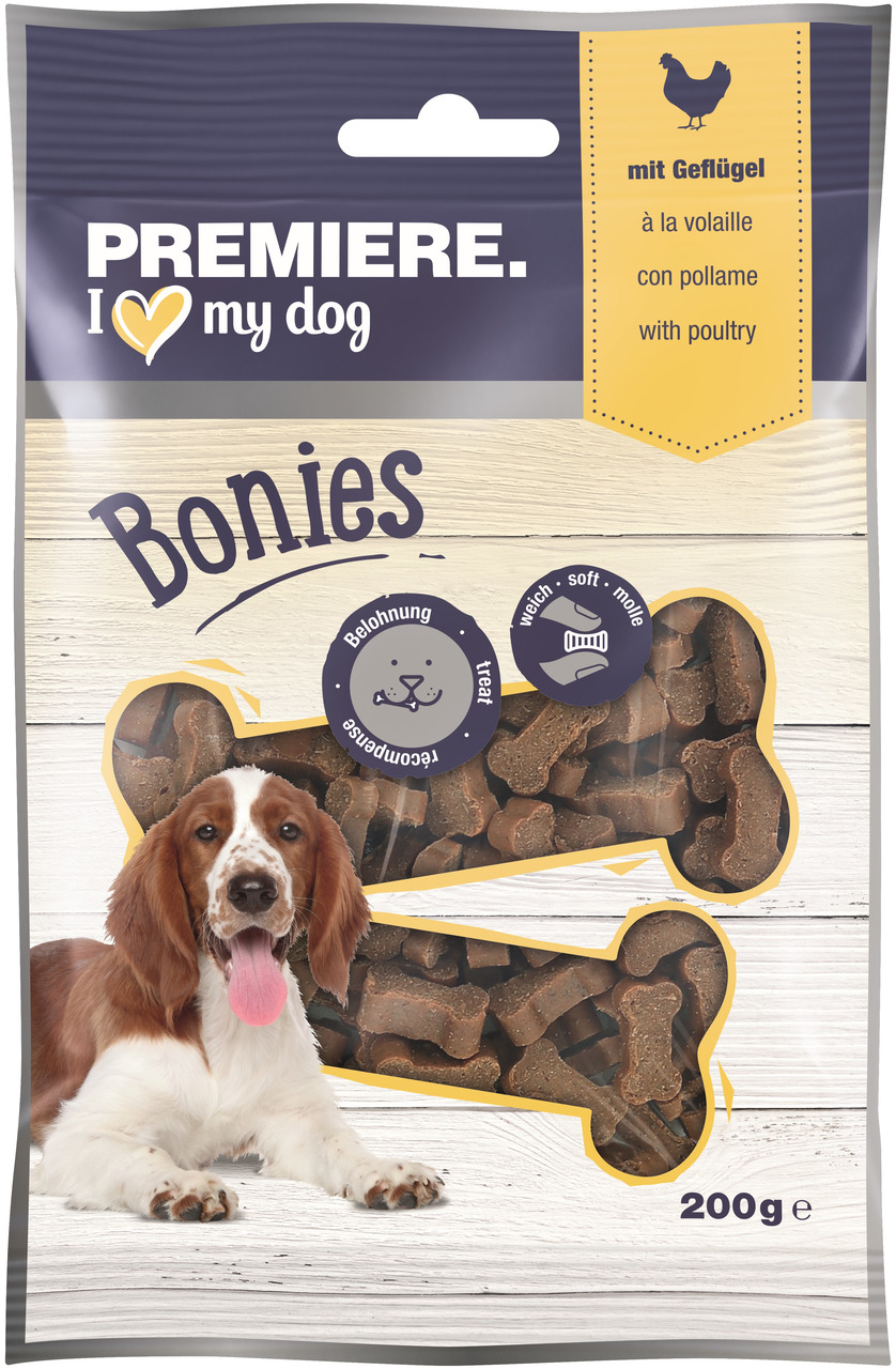 PREMIERE I love my dog Bonies: weiche Hundesnacks, Geflügelgeschmack, 200 g, Belohnung, für Hunde, weich – soft – moelleux.