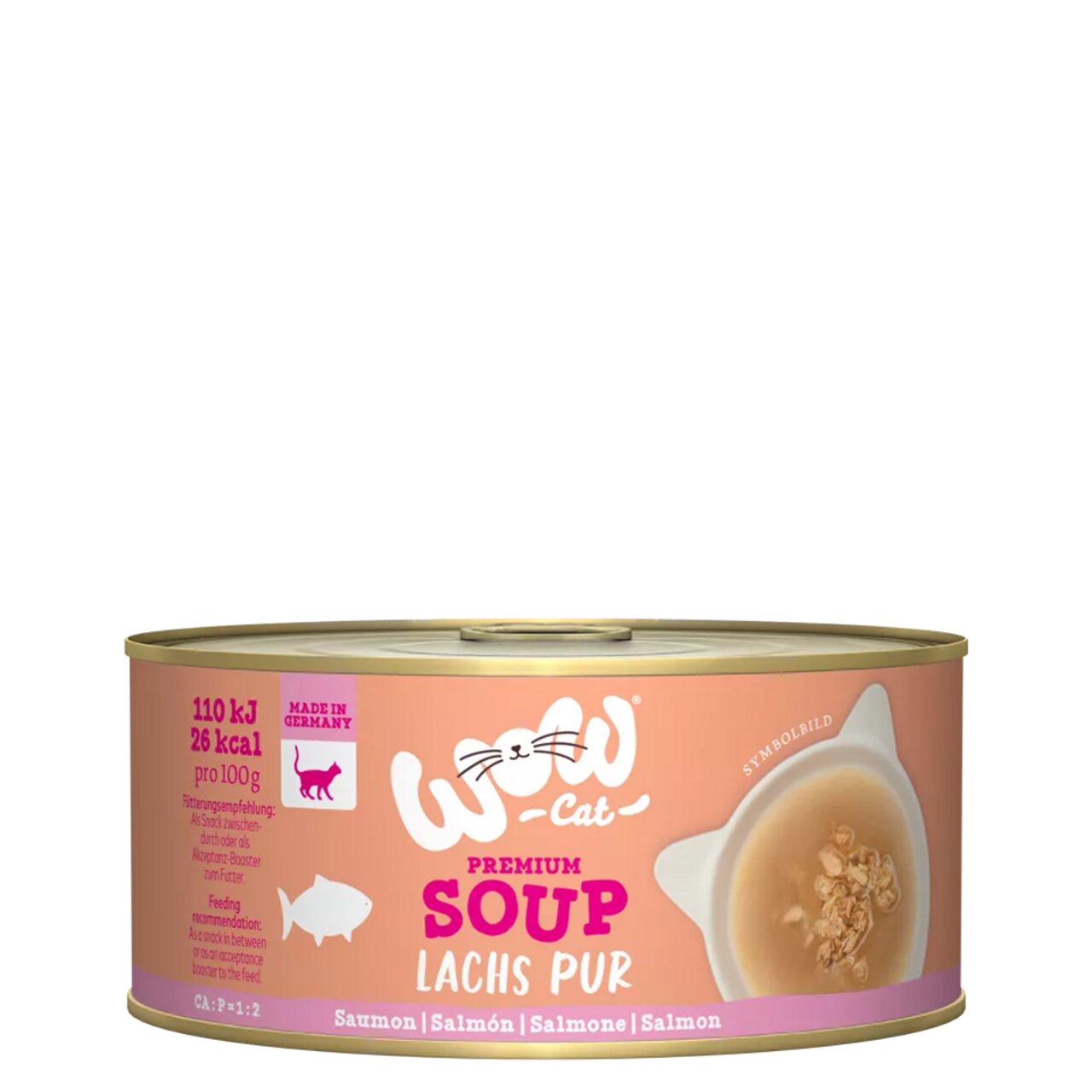 WOW CAT Premium Soup für Katzen, Geschmacksrichtung Lachs pur, 85 g, reich an Protein, hergestellt in Deutschland.