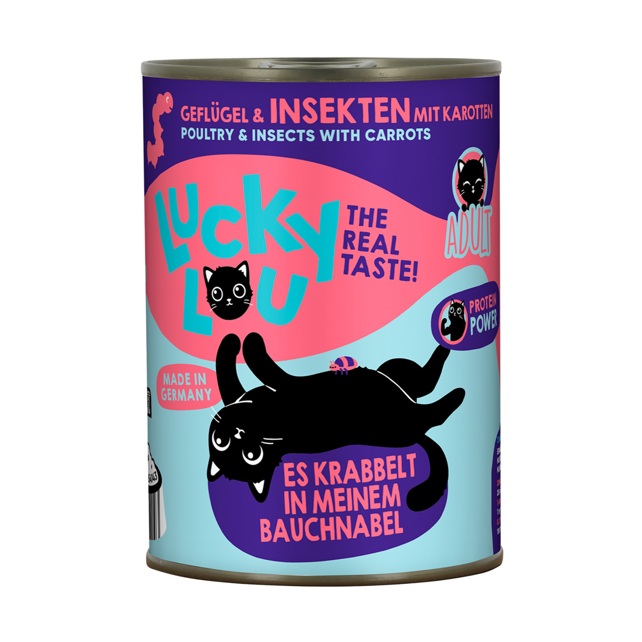 Lucky Lou Katzenfutter Adult, Geflügel & Insekten mit Karotten, „Protein Power“, hergestellt in Deutschland.
