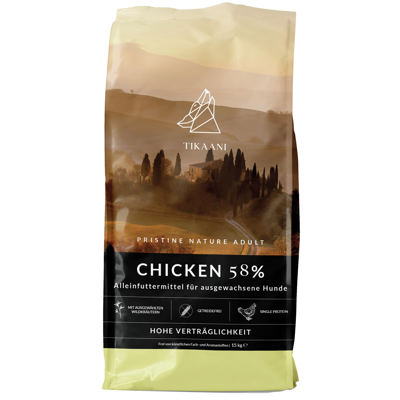 TIKAANI Pristine Nature Adult, 15 kg, Alleinfutter f. erw. Hunde, 58 % Huhn, getreidefrei, Wildkräuter, hohe Verträglichkeit.