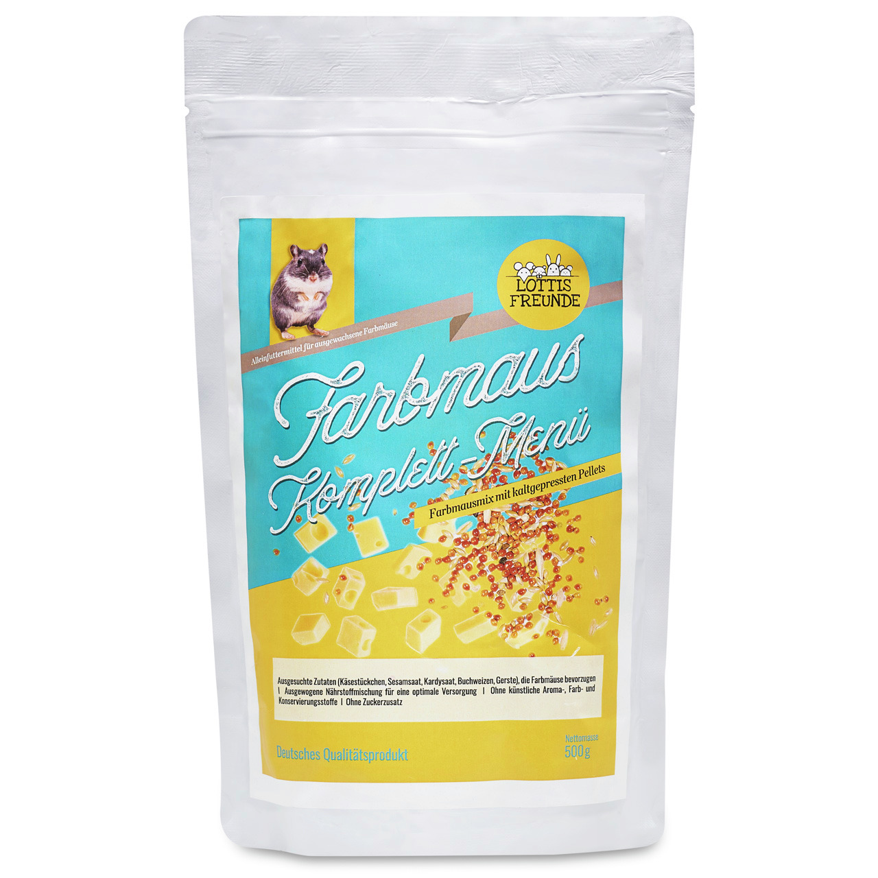 Das Bild zeigt eine Verpackung des Produkts „Farbmaus Komplett Menü“ von der Marke LOTTIS FREUNDE. Es handelt sich um ein hochwertiges Alleinfuttermittel für ausgewachsene Farbmäuse. Die Geschmacksrichtung basiert auf kaltgepressten Pellets mit ausgewählt