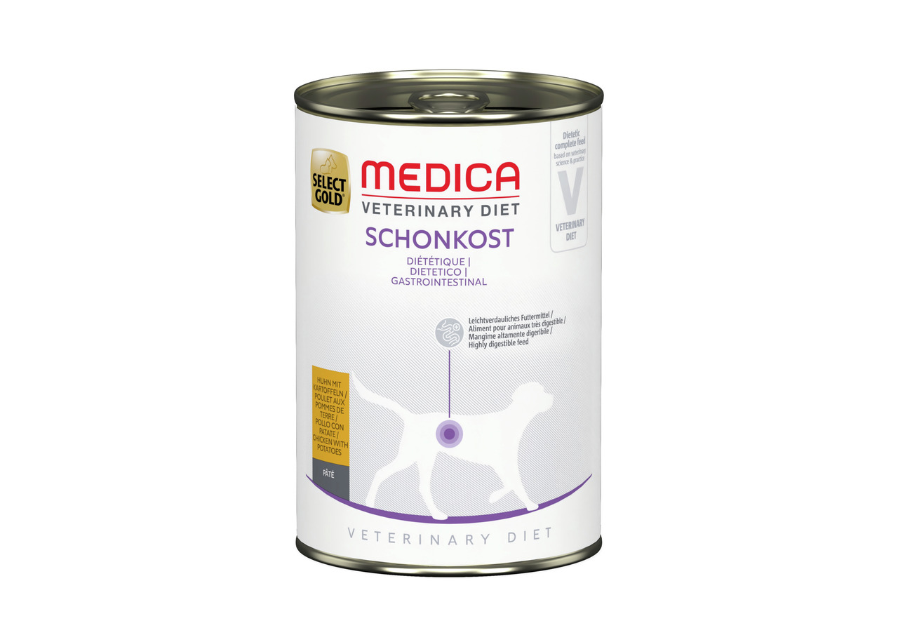Select Gold Medica Vet. Diet Schonkost, Hunde, Huhn+Kartoffeln, diätet. Alleinfutter f. empfindl. Magen-Darm, 400 g.