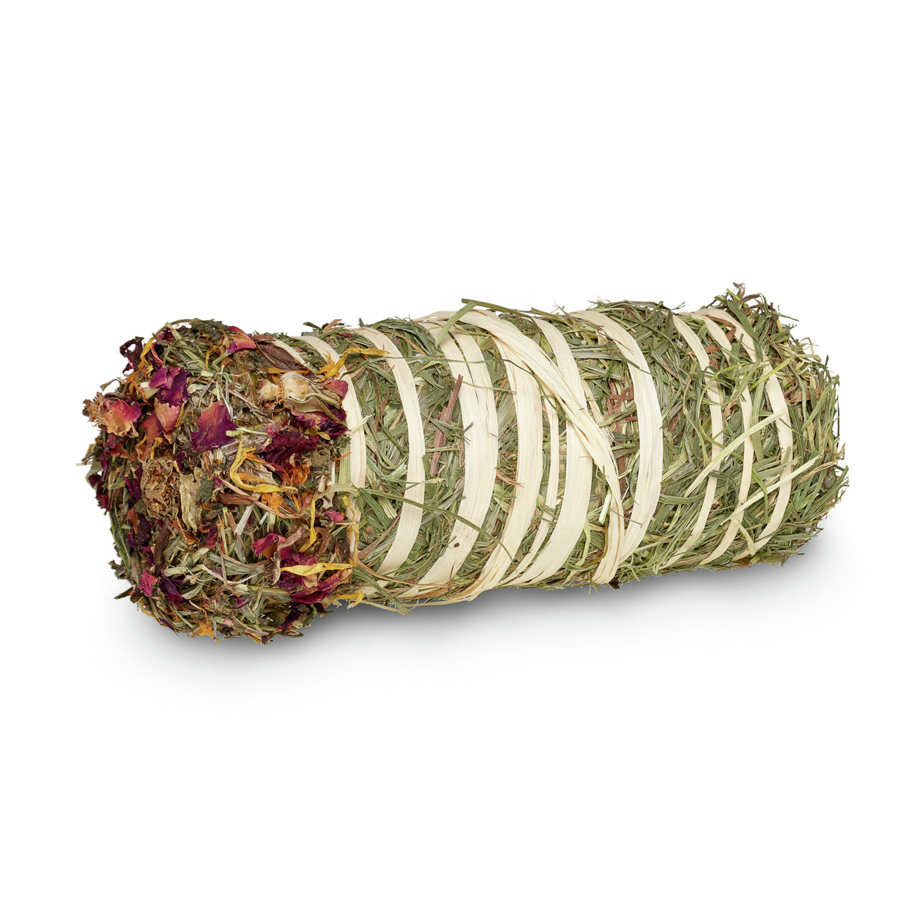 Das Bild zeigt das Produkt „Lottis Freunde Blütenrolle“ für Kleintiere wie Kaninchen und Meerschweinchen. Die Rolle besteht aus getrocknetem Heu, Blüten und natürlichen Materialien, die sorgfältig verarbeitet wurden. Sie dient als Beschäftigung und Nahrun