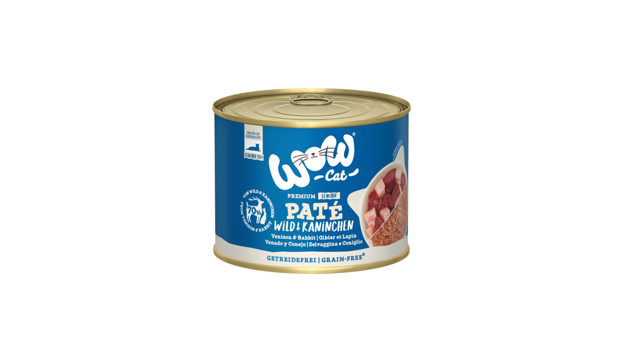 WOW CAT Premium Senior Paté Wild & Kaninchen, für ältere Katzen, 70 % Fleisch, getreidefrei, 70 g.