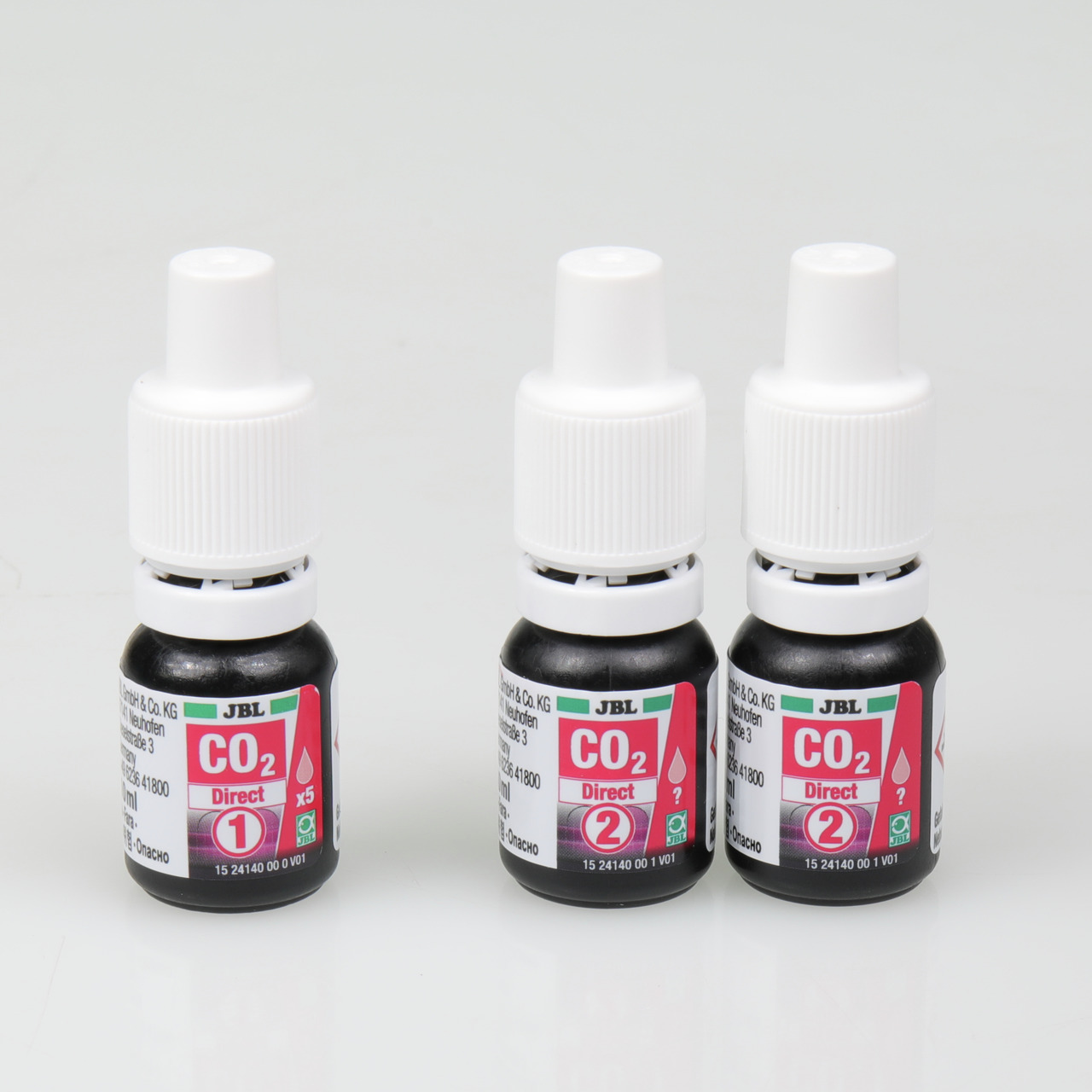 JBL CO2 Direct, CO2-Düngesystem für Pflanzen in Süßwasseraquarien, 10 ml pro Fläschchen, 3er-Set, schwarz mit bunten Etiketten.