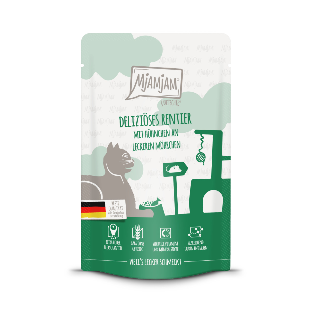 MJAMJAM Deliziöses Rentier mit Hühnchen, Katzenfutter, Rentier+Hühnchen+Karotten, getreidefrei, Vitamine, Taurin, deutsche Herstellung.