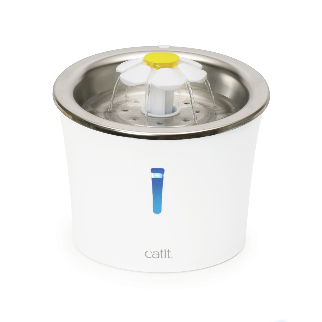 Catit Flower Trinkbrunnen, Katzen, 3L, Edelstahl, 3 Flussmodi, animiert zur Flüssigkeitsaufnahme, modernes Design, Wasserstandsanzeiger.