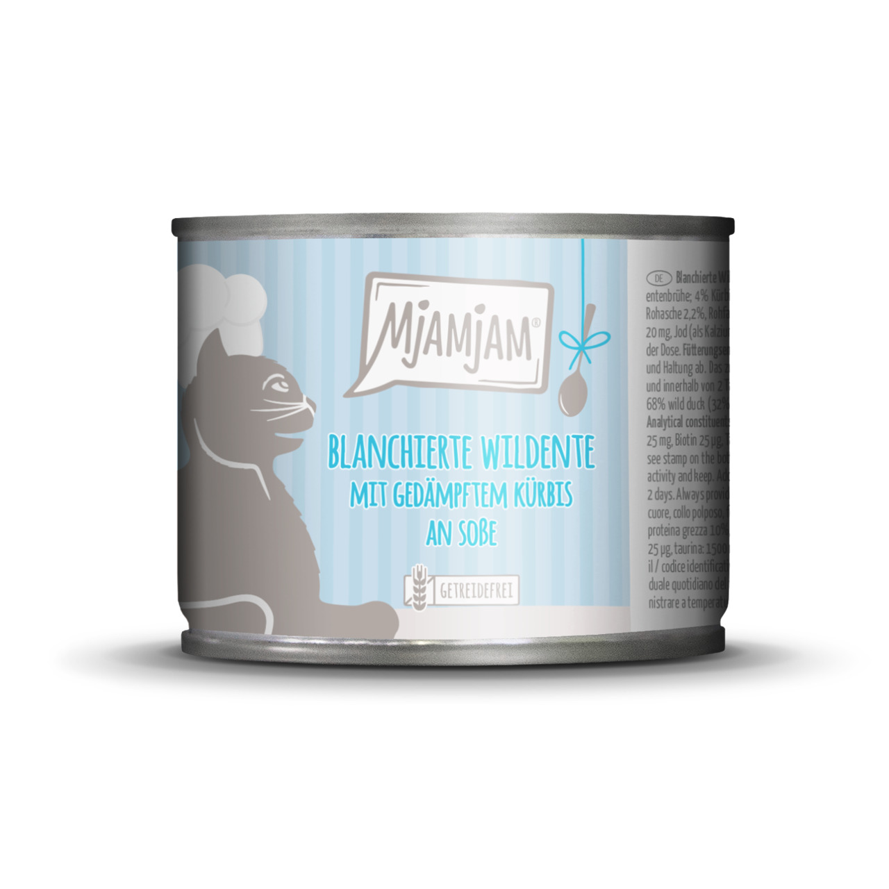 Das Bild zeigt eine Dose Katzenfutter der Marke MjAMjAM mit der Geschmacksrichtung "Blanchierte Wildente mit gedämpftem Kürbis an Soße". Die Zielgruppe sind Katzen. Die Verpackung ist blau mit einem stilisierten Katzenmotiv. Das Produkt ist getreidefrei u