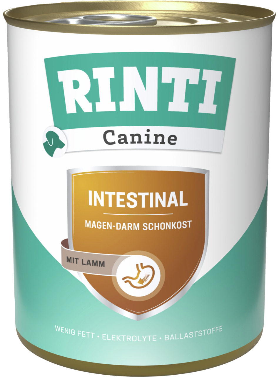 RINTI Canine Intestinal, Magen-Darm-Schonkost für Hunde, Lamm, wenig Fett, Elektrolyte & Ballaststoffe, 400g.