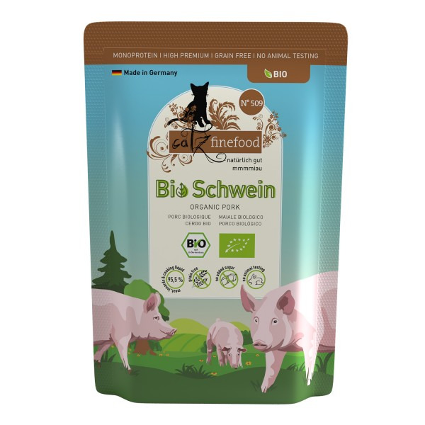 Catz finefood Bio Schwein: Hochwertiges, getreidefreies Bio-Katzenfutter (85 g) mit Schwein, Bio-Siegel, „Made in Germany“.