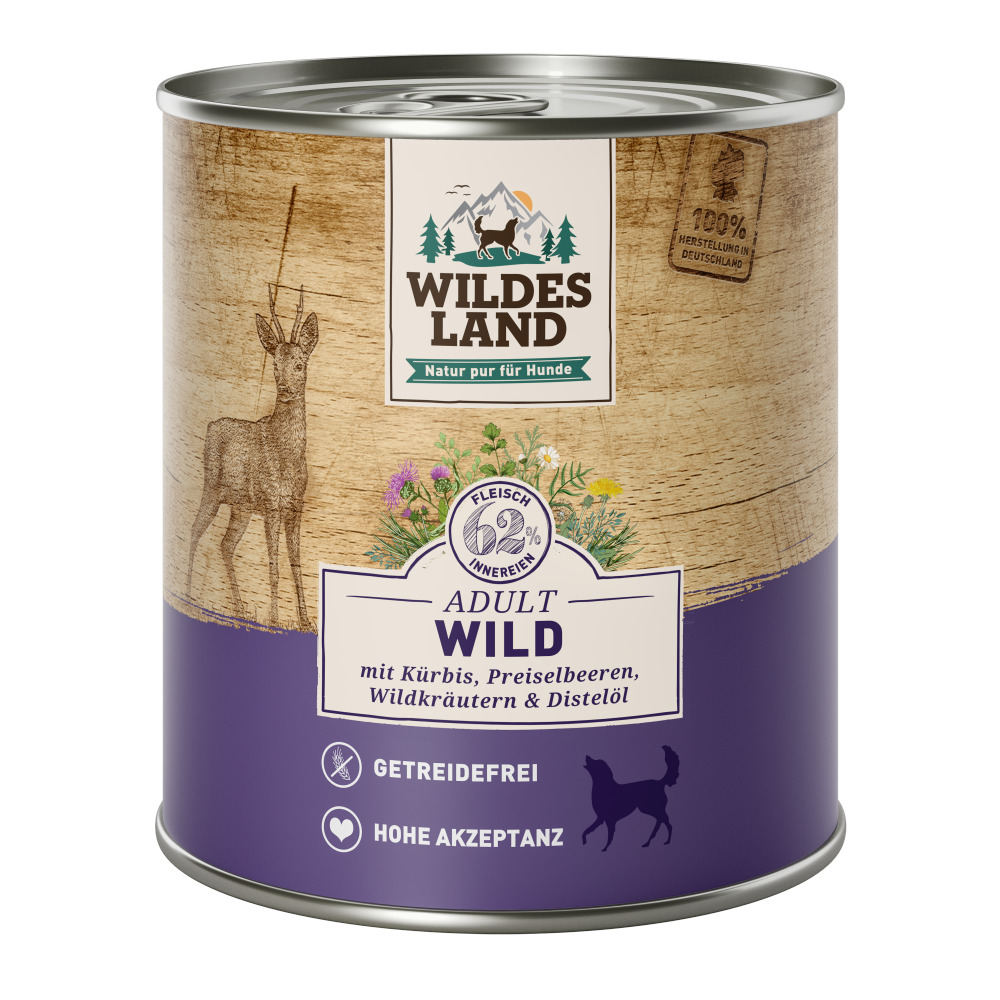 Wildes Land Hundefutter Adult, Wild, mit Kürbis, Preiselbeeren, Wildkräutern & Distelöl, getreidefrei, hohe Akzeptanz, 400 g.