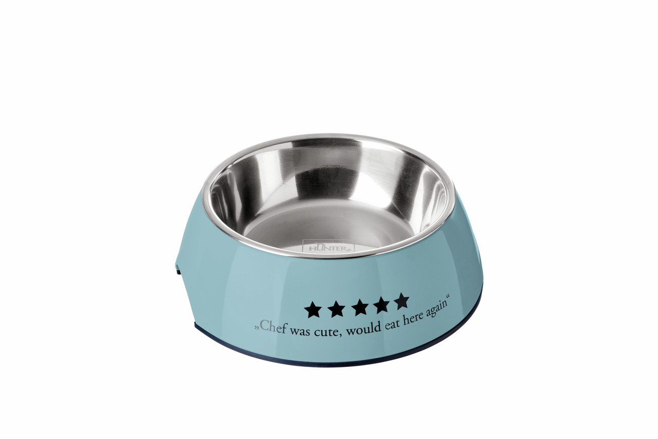 HUNTER Futternapf, hellblau, Edelstahl-Einsatz, für Hunde, humorvoller Schriftzug „Chef was cute...“, 5 Sterne, Maße nicht sichtbar.