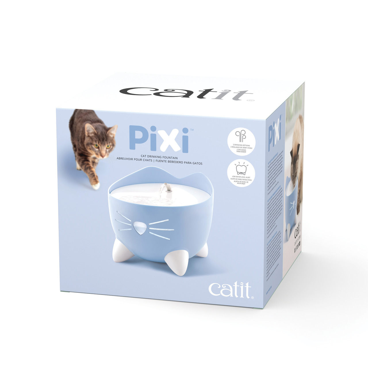Catit PIXI Trinkbrunnen, hellblau, für Katzen, fördert Flüssigkeitsaufnahme, leiser Betrieb, LED-Indikator, katzenförmiges Design.