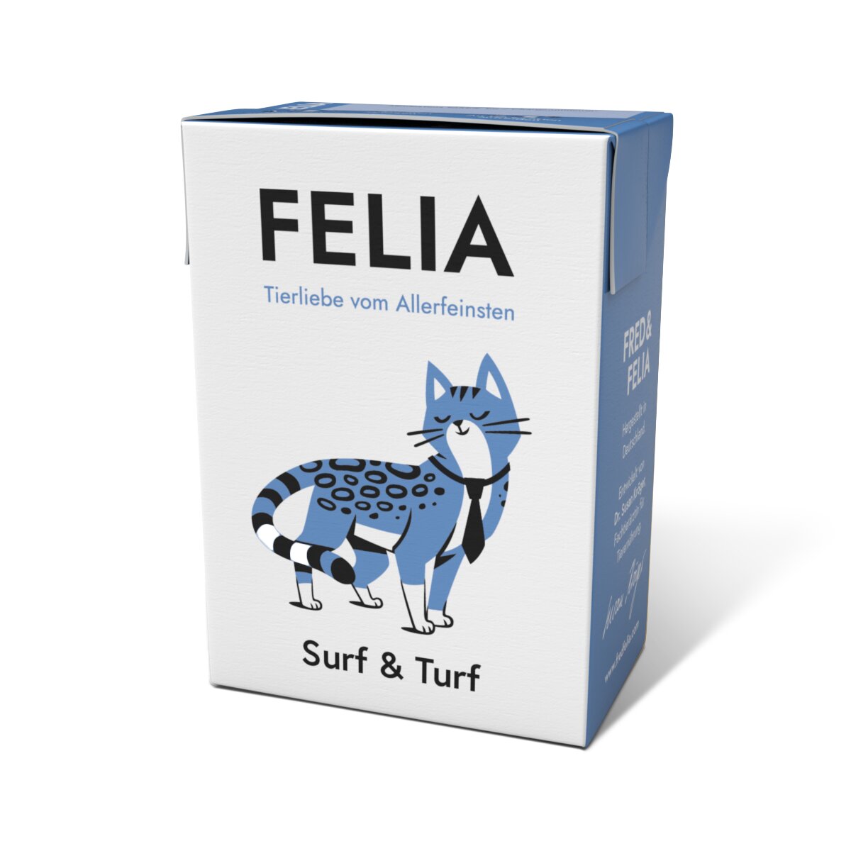 FELIA Surf & Turf Katzenfutter für Katzen, blaue Verpackung mit Katzenillustration und Slogan Tierliebe vom Allerfeinsten.