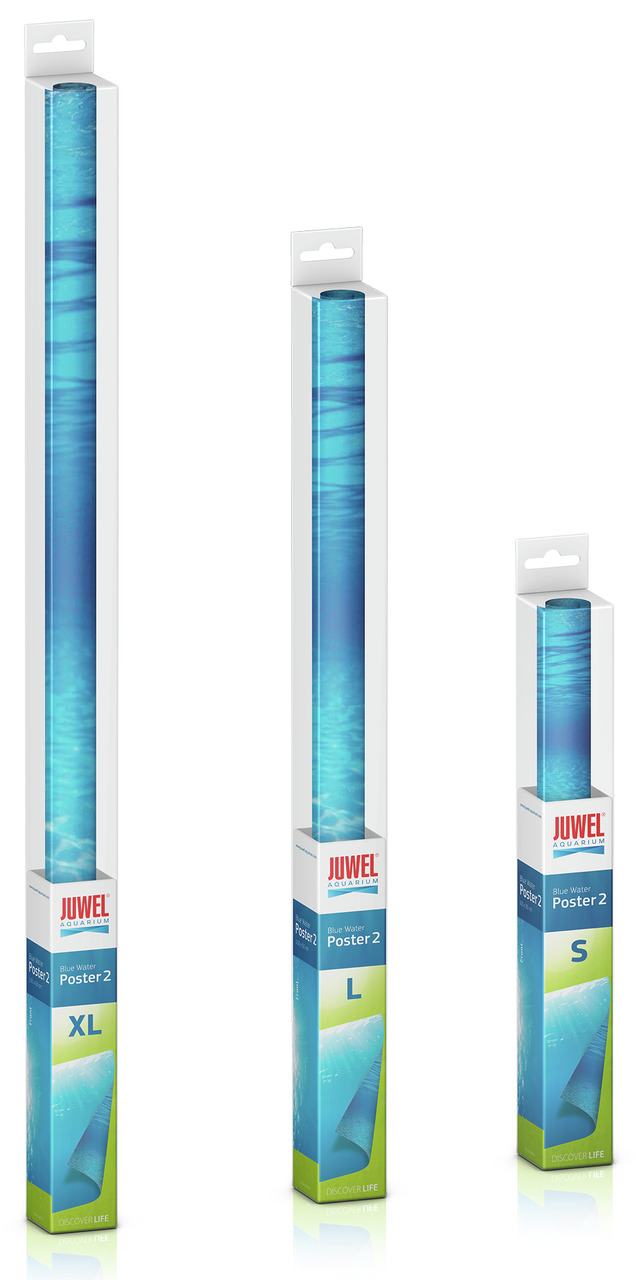 JUWEL Poster 2 Blue Water, für Aquarienbesitzer, Unterwasserdesign Blau, Größen XL-L-S, weiße Verpackung mit blauen-grünen Akzenten.