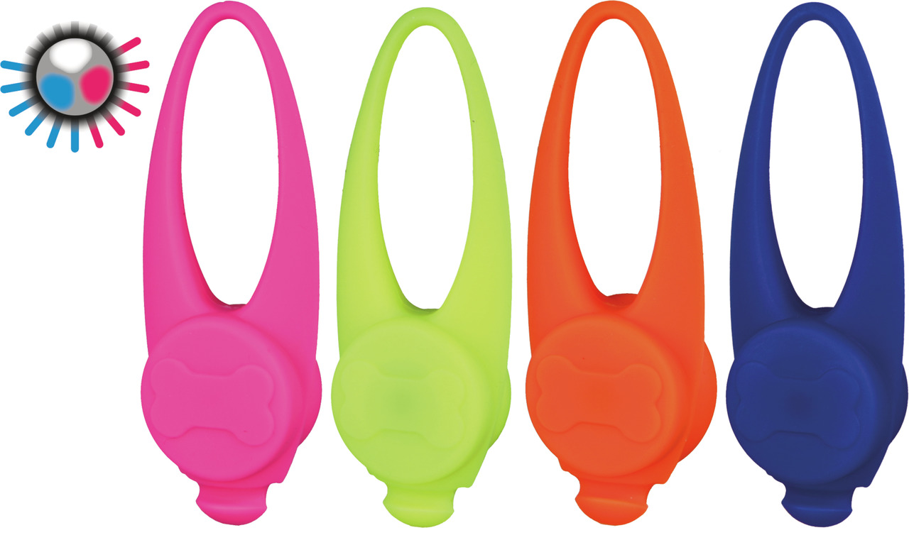 TRIXIE Silikon-LED-Licht f. Hunde, Knochenform, Sicherheit bei Dunkelheit, 4 Farben (Pink, Grün, Orange, Blau), f. alle Größen.