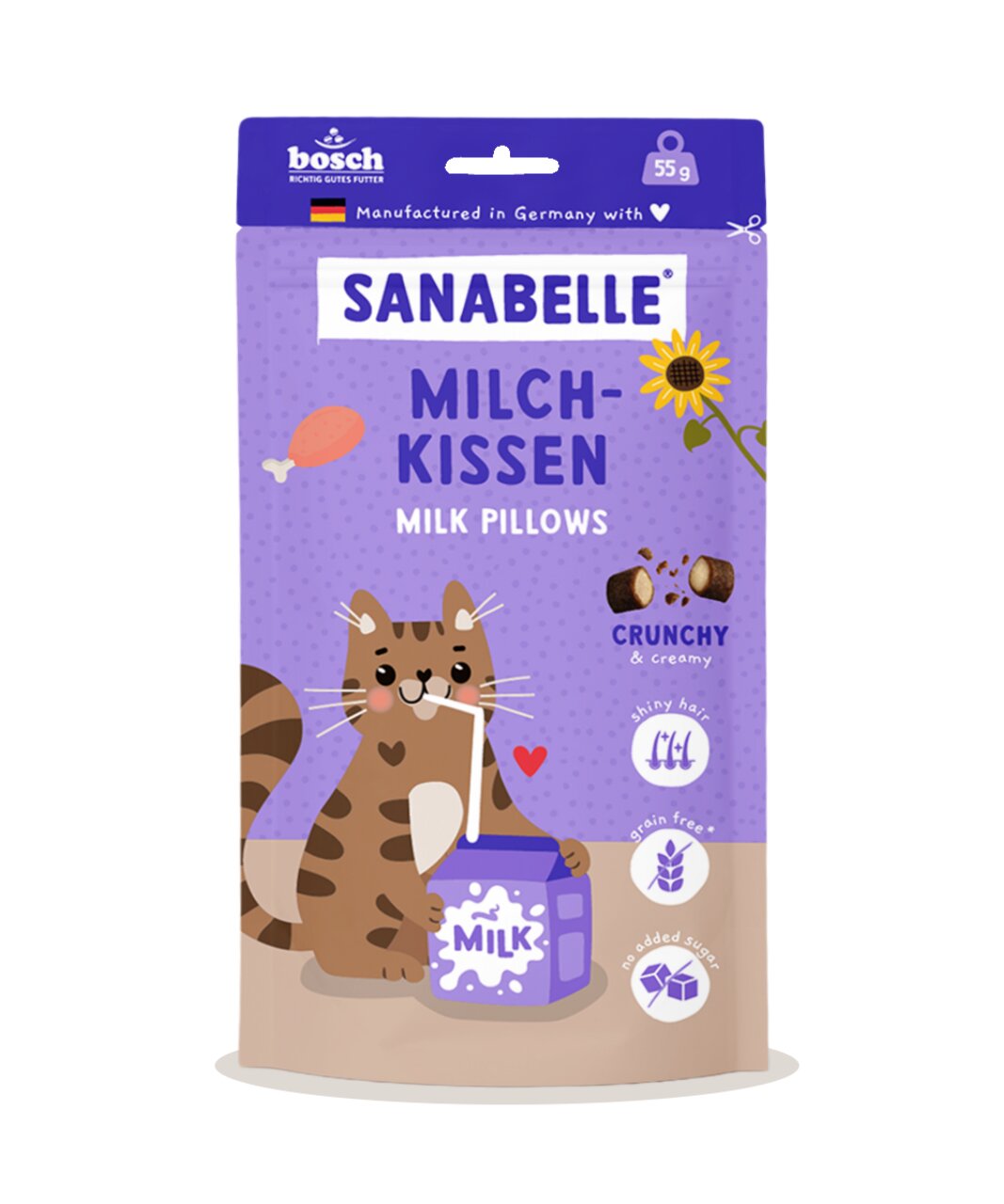 Sanabelle Milch-Kissen für Katzen, crunchy & creamy, 55 g. Ohne Zuckerzusatz, getreidefrei, fördert glänzendes Fell.
