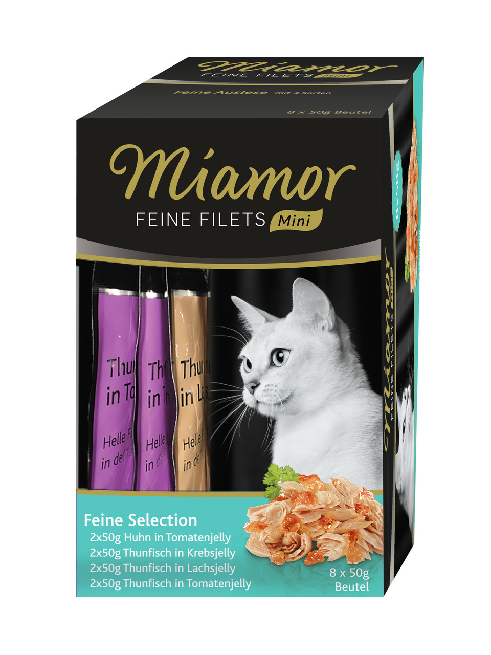 Miamor Feine Filets Mini – Feine Selection, Katzen, 8x50g, Sorten: Huhn-Thunfisch in Jelly (Tomate, Krebs, Lachs).