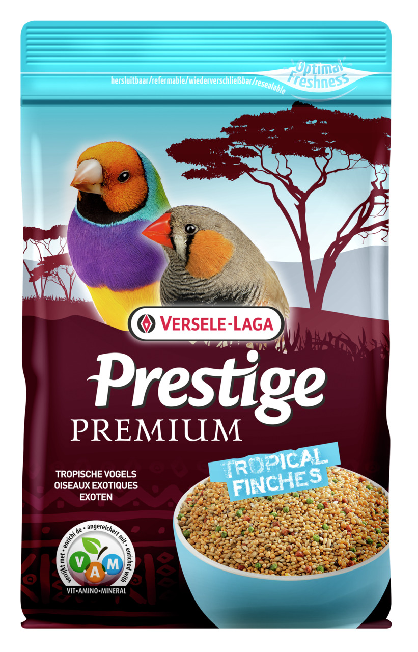 Versele-Laga Prestige Premium Tropical Finches, Vogelfutter f. trop. Finken, 800 g, mit VAM, wiederverschließbar, optimale Frische.