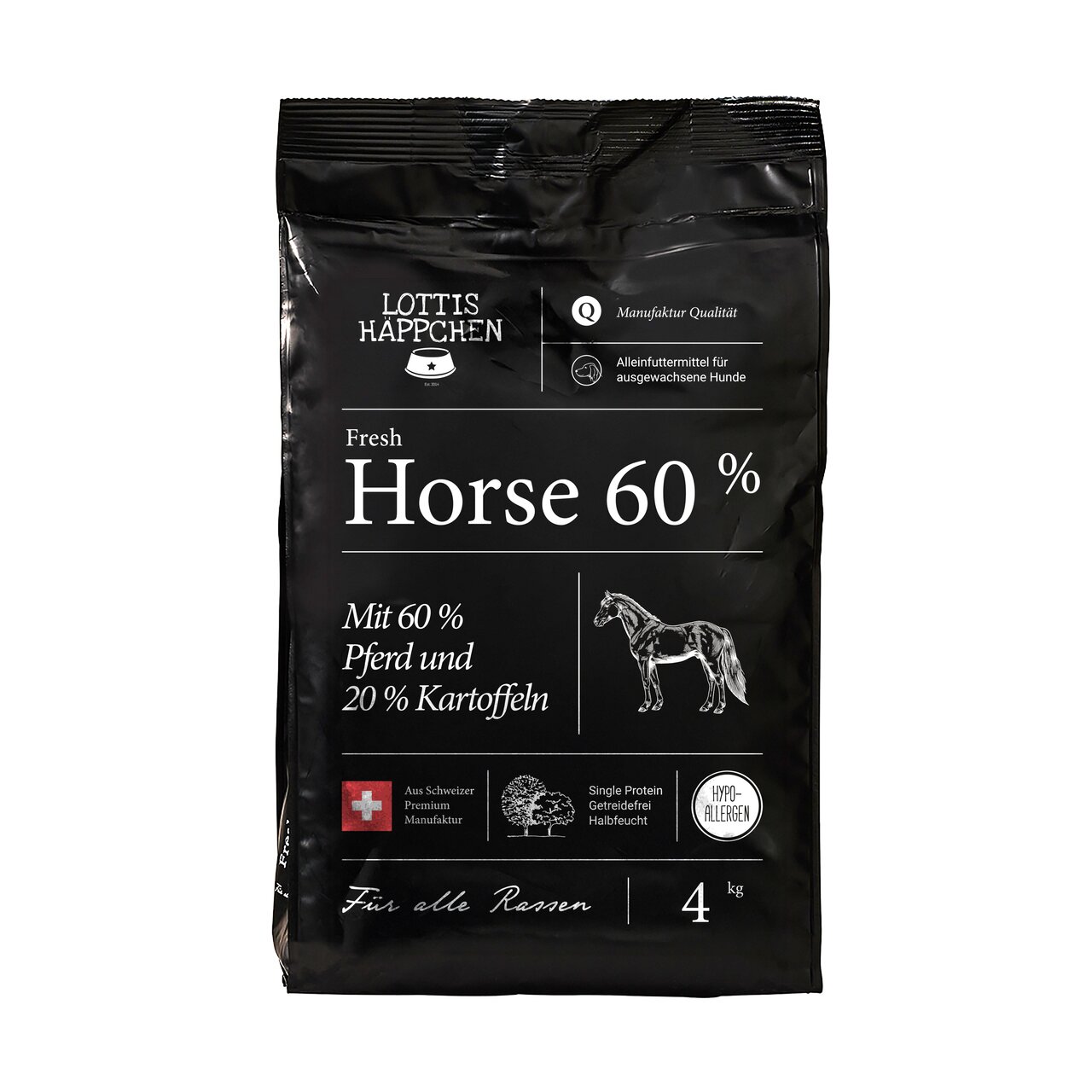 LOTTIS HÄPPCHEN Fresh Horse 60 %, Hundefutter für alle Rassen, Pferd & Kartoffel, hypoallergen, 4 kg, getreidefrei, Premiumqualität.