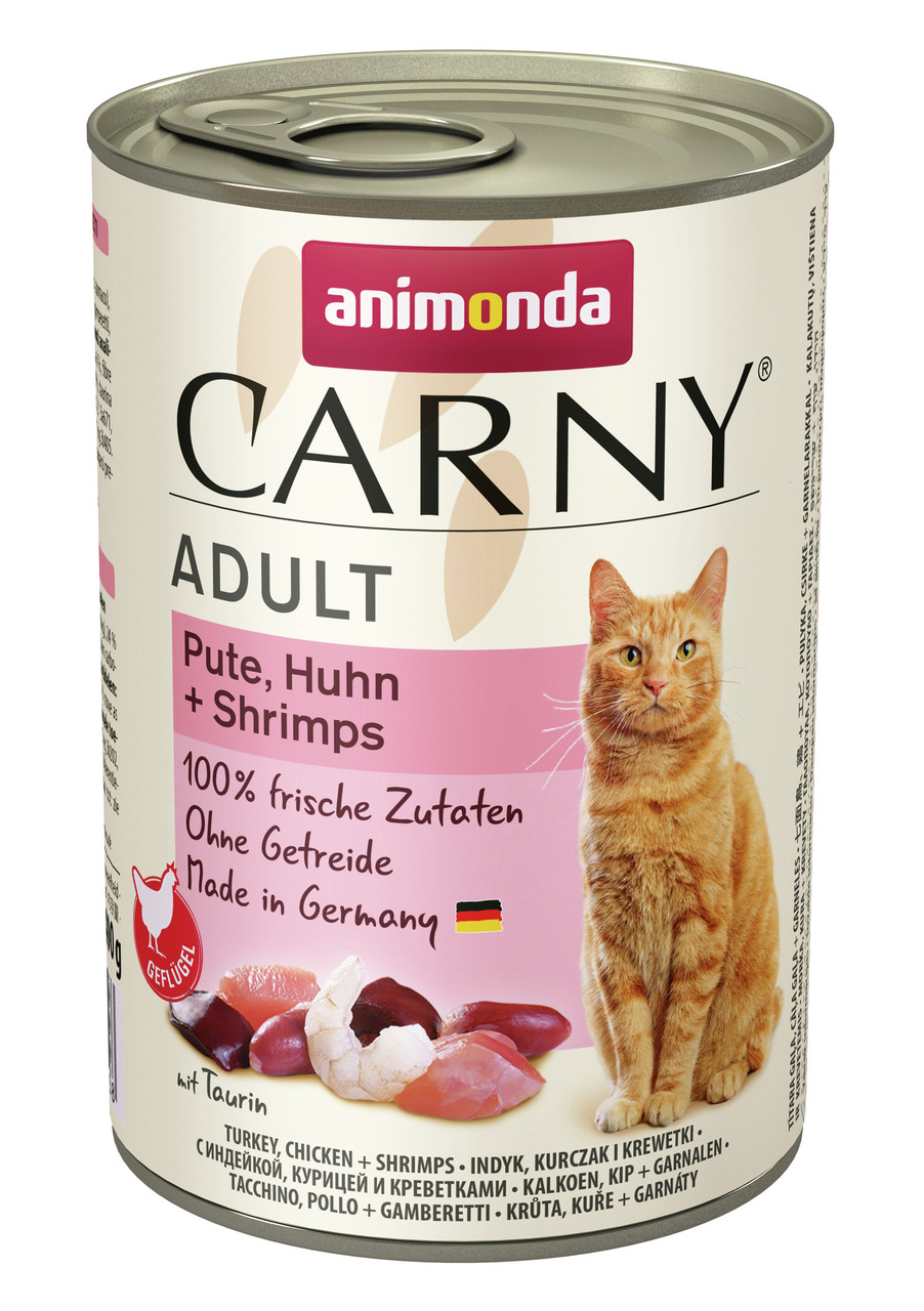 Animonda Carny Adult Katzenfutter, Pute-Huhn-Shrimps, 400 g, für ausgewachsene Katzen, 100 % frisch, getreidefrei, made in DE.