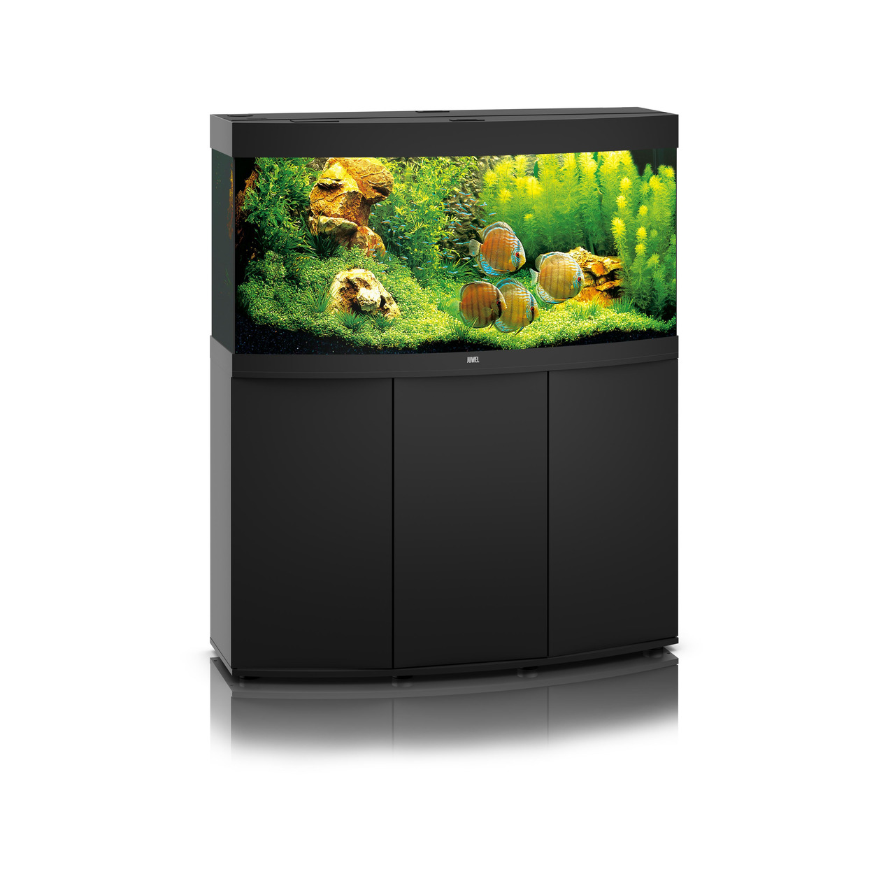 Das Bild zeigt das JUWEL Vision 450 LED Aquarium-Set, ein hochwertiges Aquarium für Aquaristik-Enthusiasten. Es ist mit einer gebogenen Frontscheibe ausgestattet, die eine beeindruckende Panoramaansicht bietet. Das Set umfasst ein schwarzes Unterschrankmö