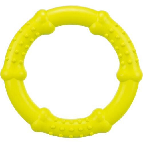 TRIXIE Hundespielzeugring, Kunststoff, Knochenstruktur+Noppen, Zahnpflege, Wurf--Apportierspiele, Ø 15 cm, gelb.