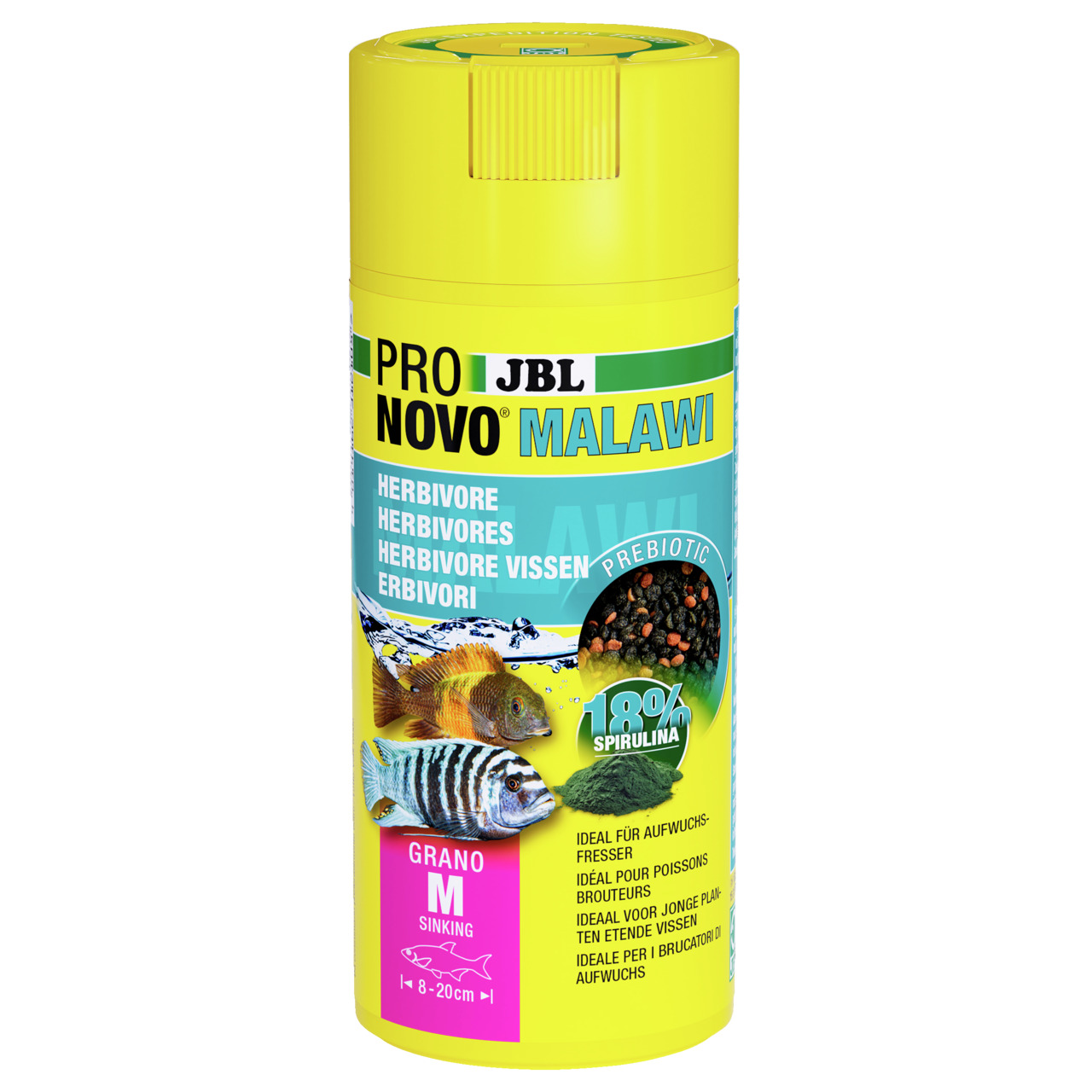 Das Bild zeigt das Produkt "JBL ProNovo Malawi Grano M", ein Fischfutter speziell für pflanzenfressende Malawi-Buntbarsche. Die Zielgruppe sind Aquarienfische von 8-20 cm Länge. Enthalten sind 18 % Spirulina-Algen, die eine gesunde Ernährung fördern. Die 