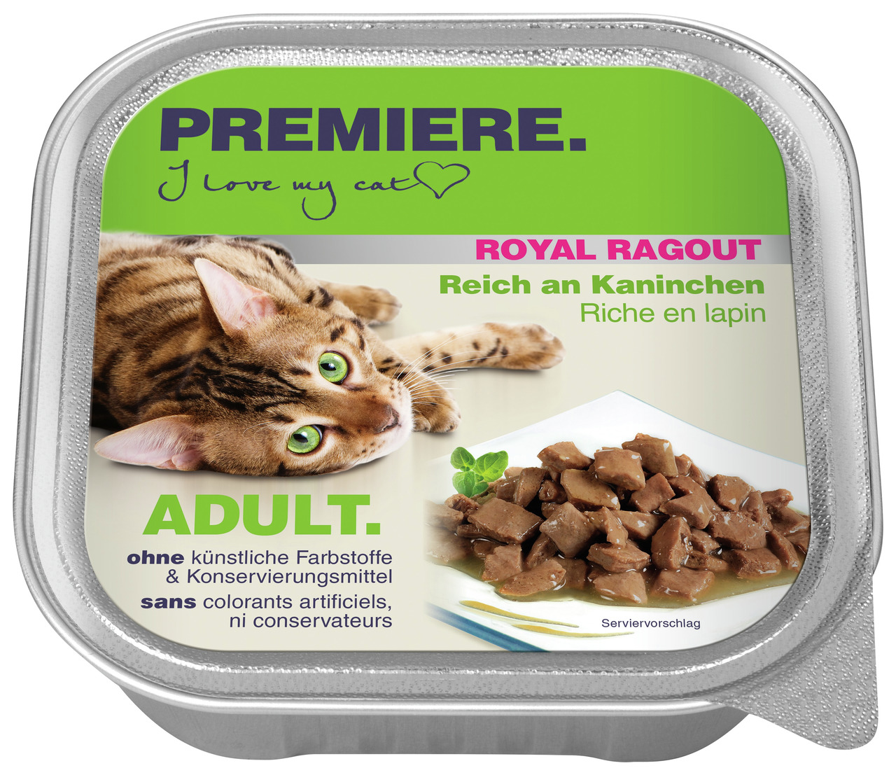 PREMIERE Royal Ragout, Kaninchen, für erwachsene Katzen, ohne künstl. Farb--Konservierungsstoffe, Serviervorschlag auf Verpackung.