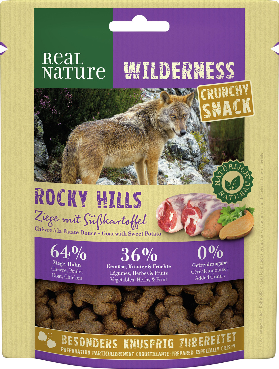 REAL NATURE Wilderness Crunchy Snack Rocky Hills, Hundesnack, Ziege & Süßkartoffel, 64 % Ziege-Huhn, getreidefrei, knusprig, 100 g.
