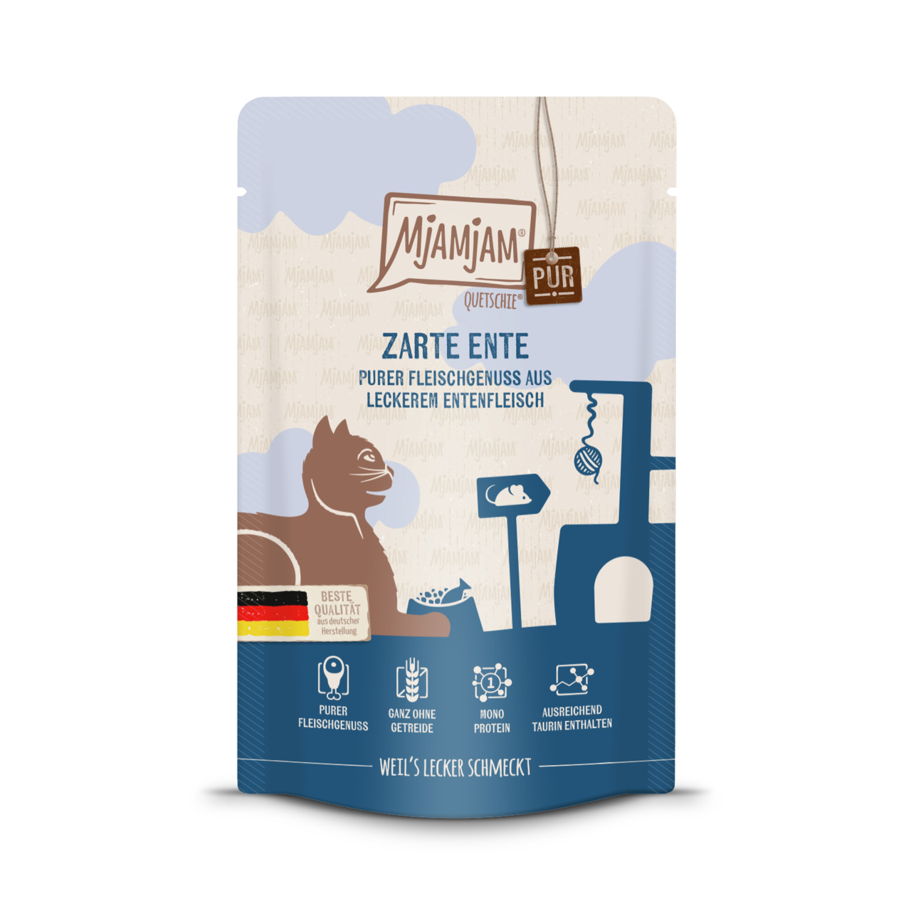 Mjamjam Quetschie Pur Zarte Ente, Nassfutter f. Katzen, getreidefrei, Monoprotein, Taurin, Ente, 125 g, hergestellt in Deutschland.