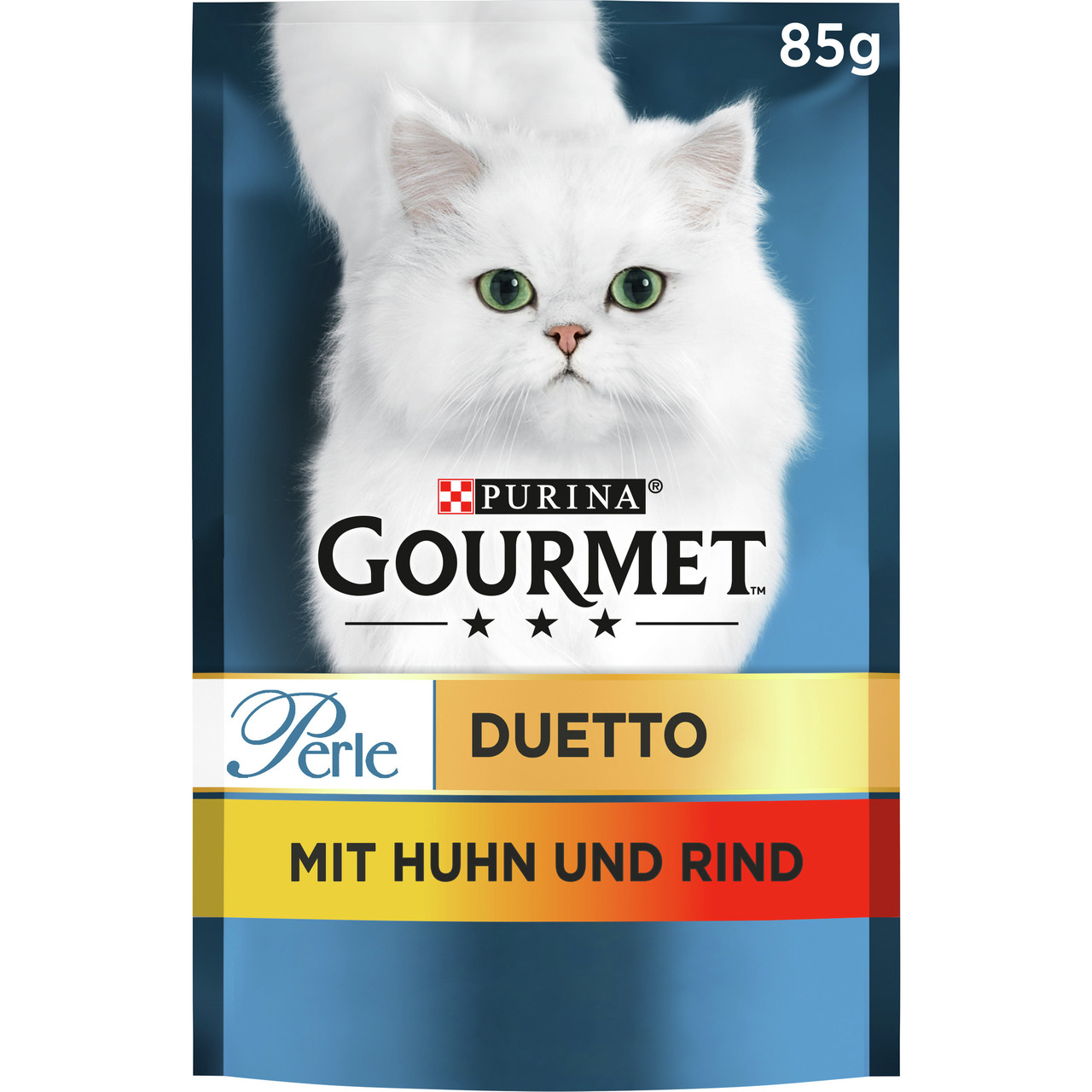 Das Bild zeigt eine Verpackung des Katzenfutters „GOURMET Perle Duetto“ von Purina. Es ist für Katzen geeignet und bietet die Geschmacksrichtung Huhn und Rind. Die Verpackung hat ein elegantes Design mit einem weißen Perserkatzenmotiv und enthält 85 g Nas