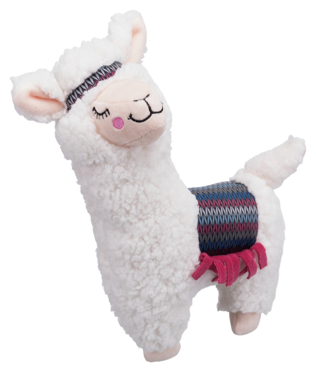 Das Bild zeigt ein Plüschspielzeug für Hunde der Marke TRIXIE in Form eines weißen Lamas. Das Lama hat ein weiches, flauschiges Fell, eine bunte Decke mit Zickzackmuster in Blau, Rot und Lila sowie rosa Fransen. Es ist speziell für Hunde als Spielzeug kon