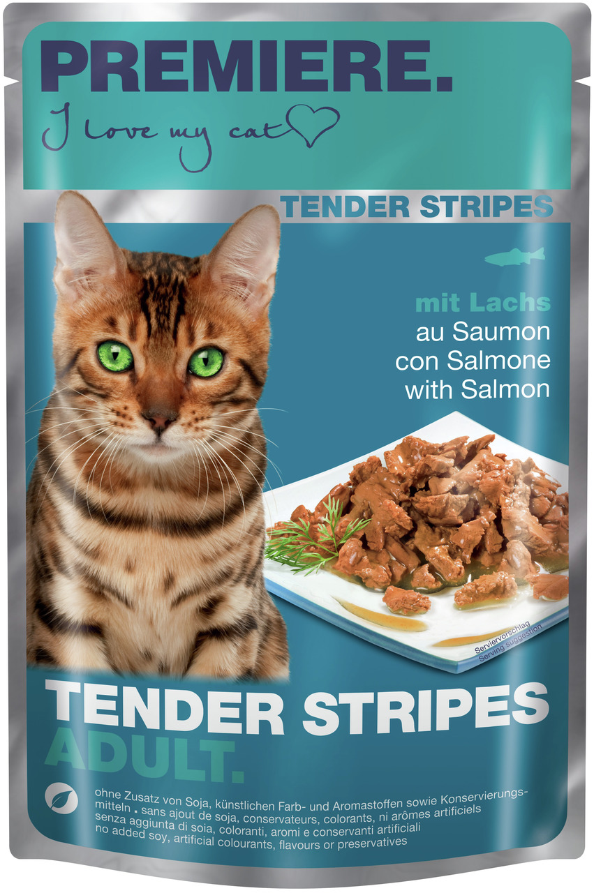 PREMIERE Tender Stripes Adult, Lachs, für ausgewachsene Katzen, ohne Soja, künstl. Farb-/Aromastoffe & Konservierungsmittel.