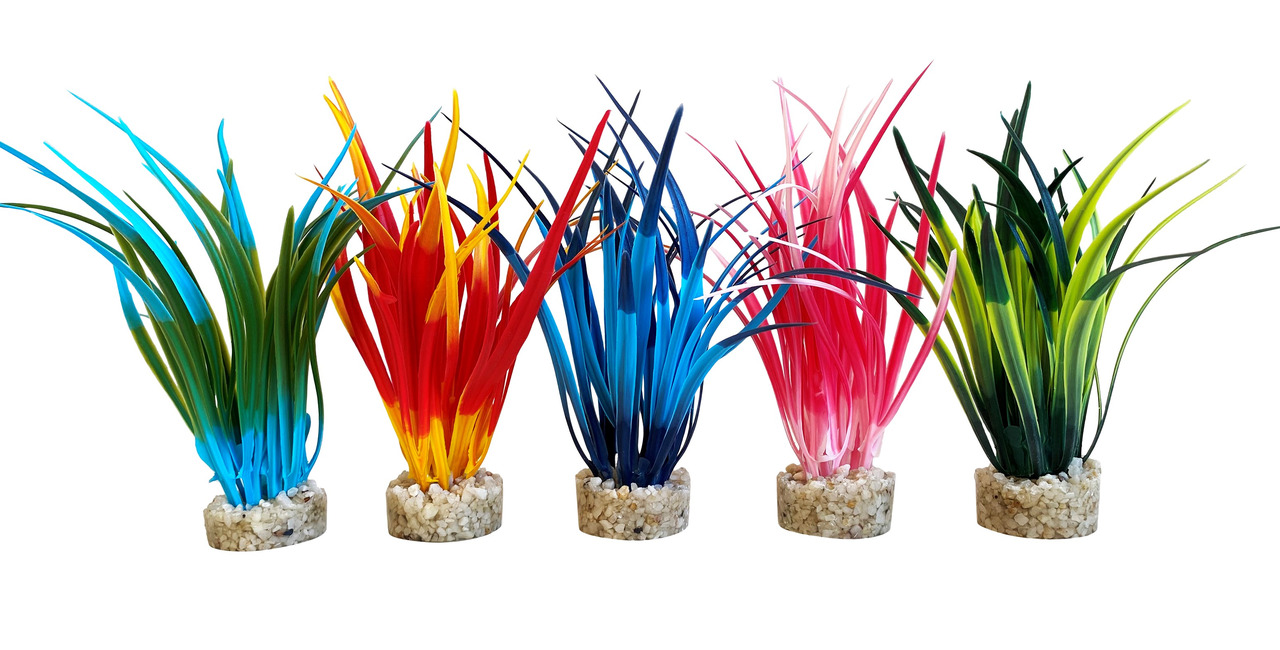 Sydeco künstl. Aquariumpflanzen, farbenfroh (Blau, Rot-Gelb, Blau-Rosa, Pink, Grün), stabiler Sockel, ideal f. pflegeleichte Deko.