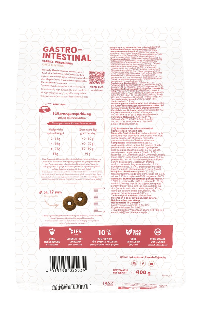 Sanabelle Gastrointestinal, Trockenfutter f. ausgew. Katzen, unterstützt Verdauung, 400 g, Geschmacksrichtung nicht angegeben.