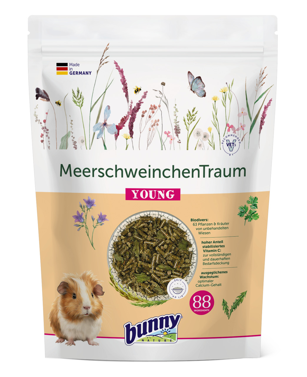 Bunny Nature MeerschweinchenTraum YOUNG, für junge Meerschweinchen, 63 Kräuter, stabilisiertes Vit. C, 88 Zutaten, vollst. Nährstoffversorgung.